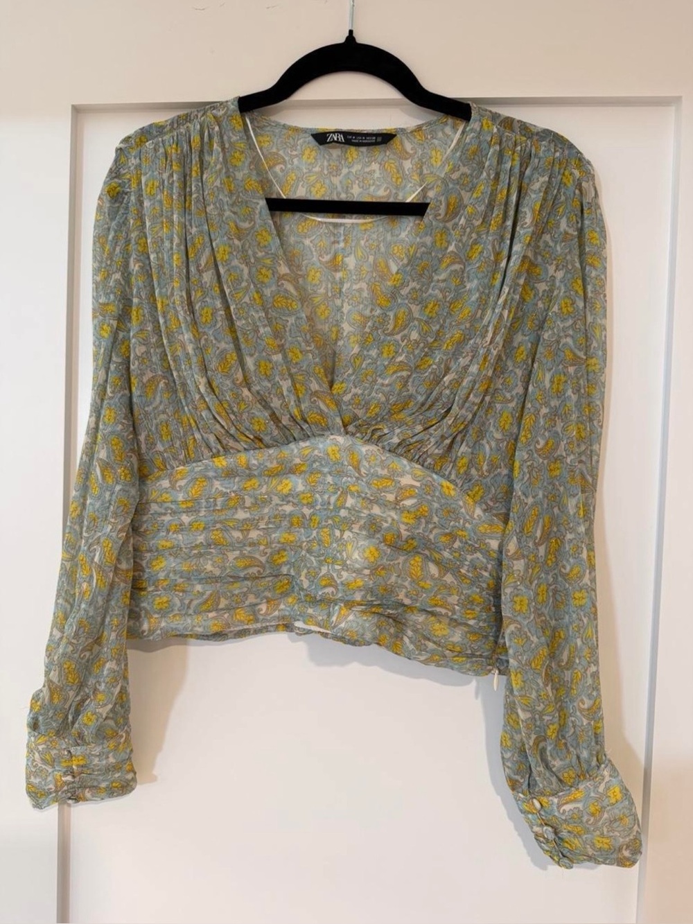 Zara Blue and Yellow Floral Chiffon V-Neck Blouse